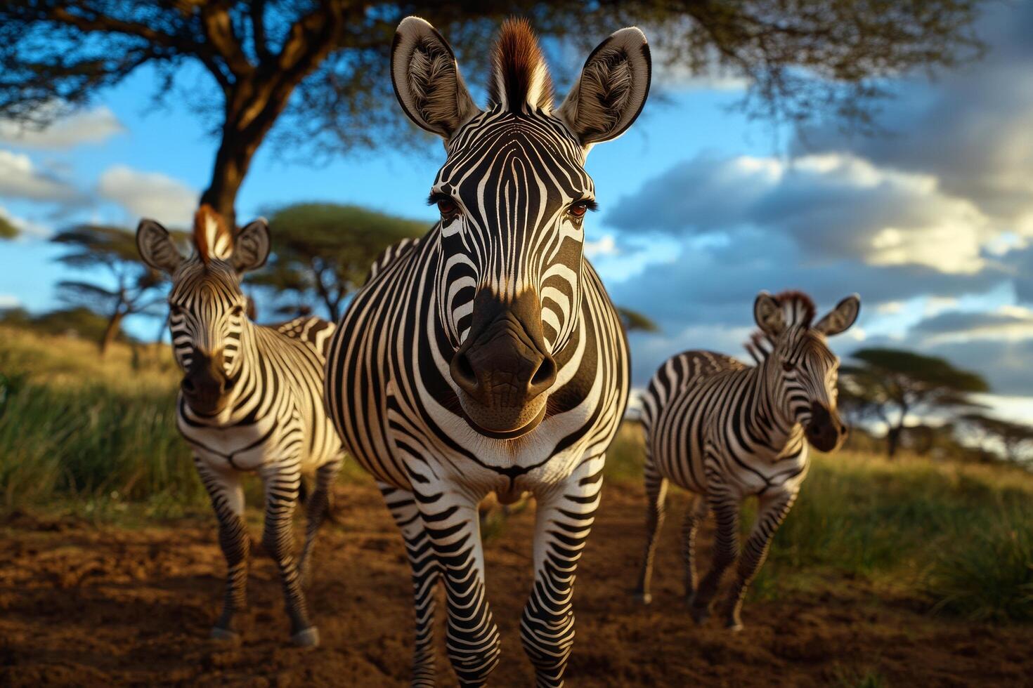 Zebras Roam Freely in the Savanna Under a Vibrant Sky During Golden Hour in Africa photo