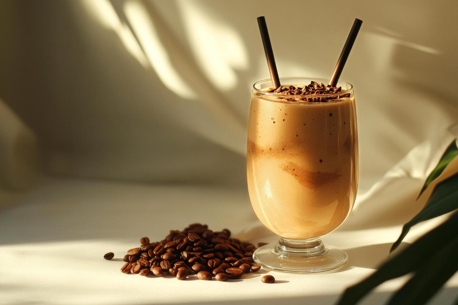 Delicious Coffee Drink With Chocolate Sprinkles and Straws on a Light Background photo