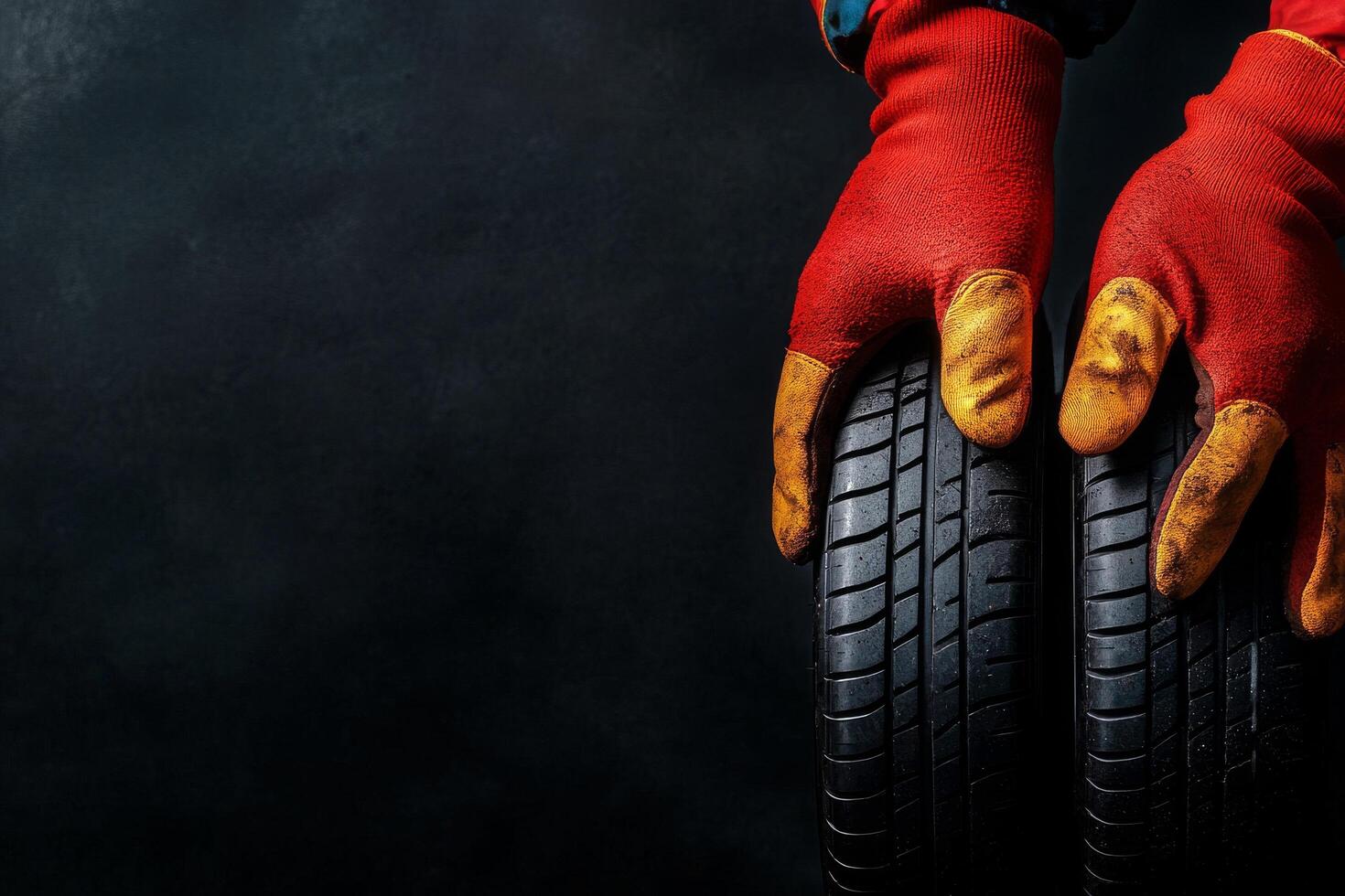 Workers Hands Wearing Gloves Hold Two Car Tires in a Workshop at Night photo