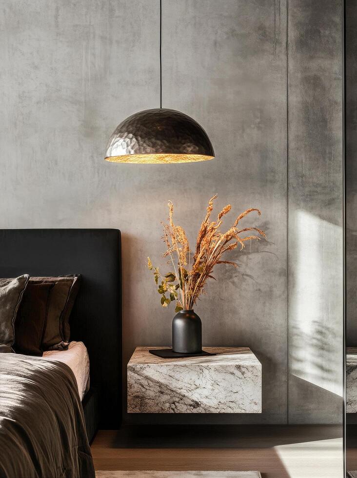 Modern Bedroom Design Featuring a Stylish Pendant Light and Minimalist Decor in Warm Tones. photo