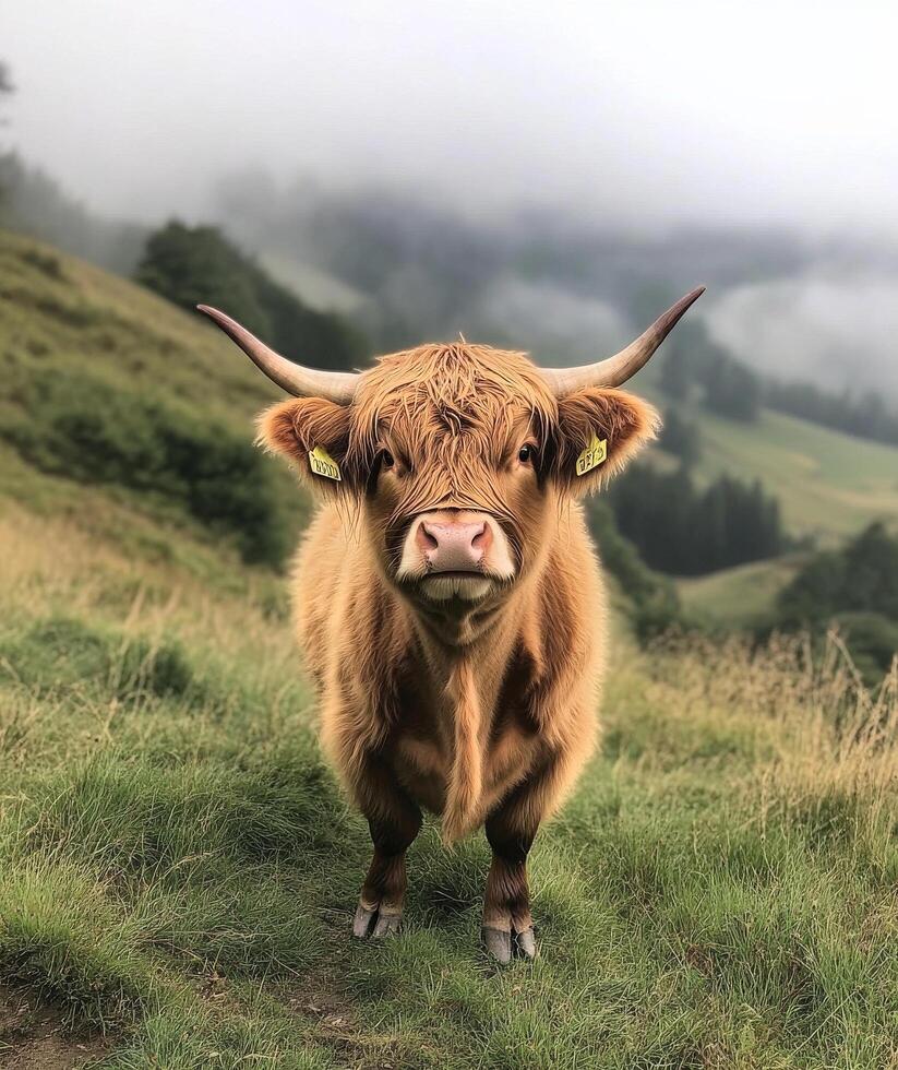 Highland Cow Stands in Misty Field With Rolling Hills in Background During Early Morning Light photo