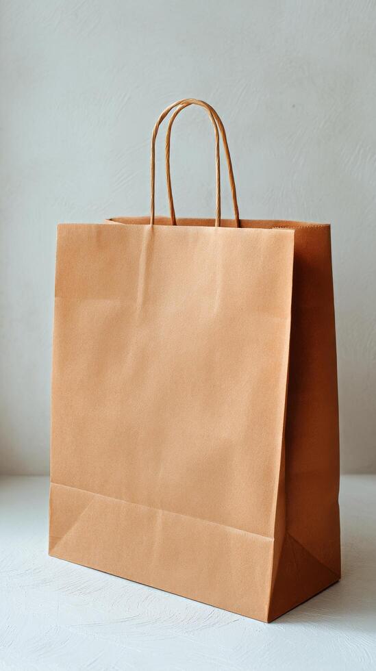 Brown Paper Bag on Wooden Surface With Empty Background for Packaging and Shopping Purposes. photo