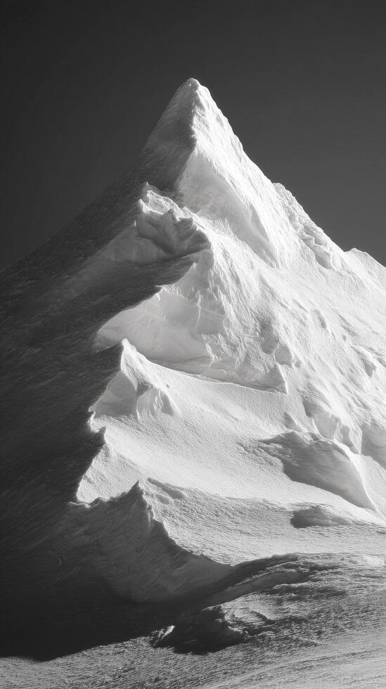 Snow-covered Mountain Peak Rises Dramatically Against the Sky in Monochrome photo