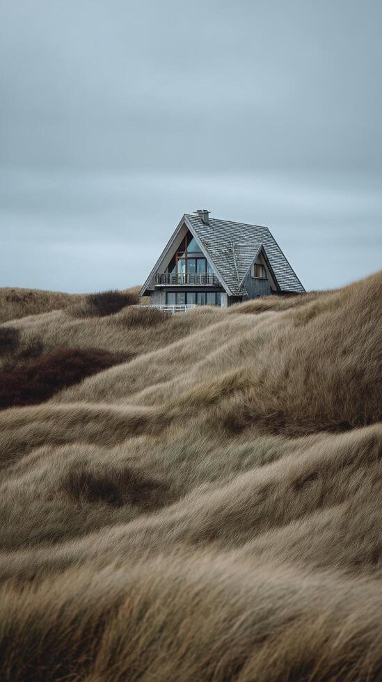 Quaint House Nestled Among the Rolling Hills of Golden Grass Under a Cloudy Sky photo