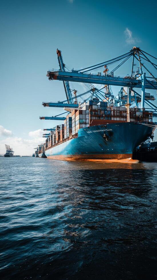 Container Ship Unloading Cargo at Bustling Port During Sunny Day photo