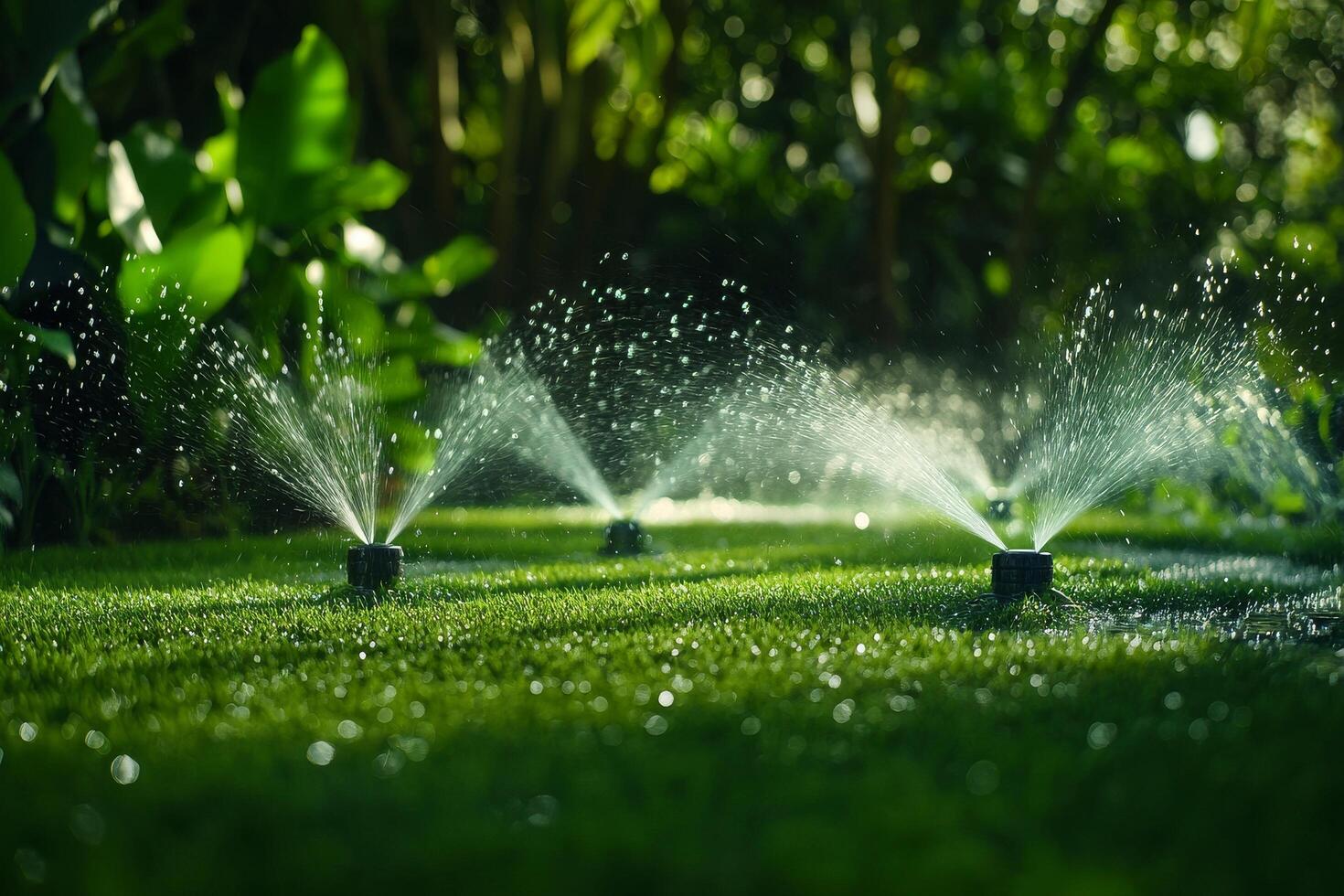 Lawn Sprinklers Watering Grass in a Garden During a Sunny Afternoon photo