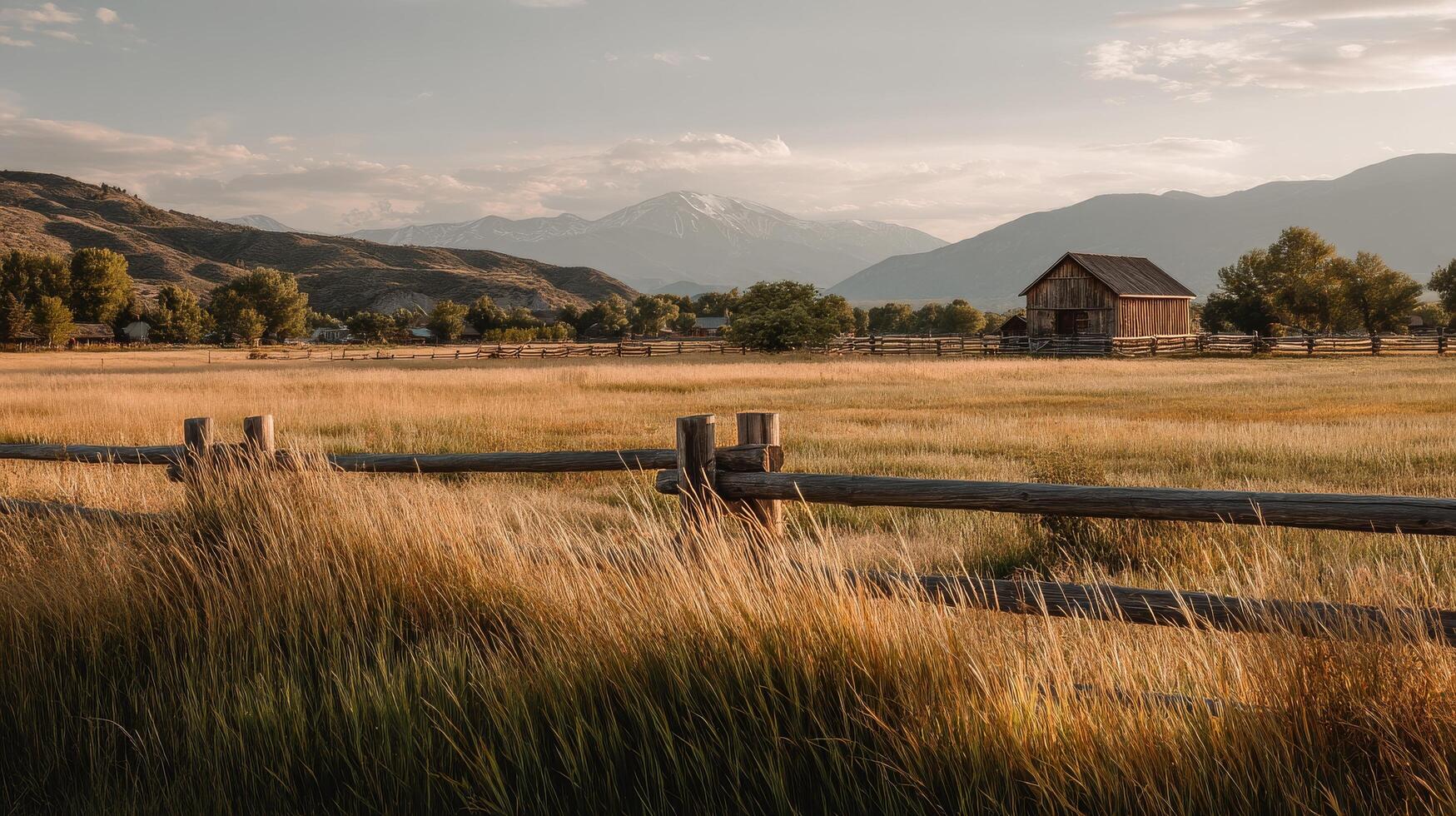 Mountain Landscape With Wooden Barn and Golden Grass During Sunset in Open Field photo