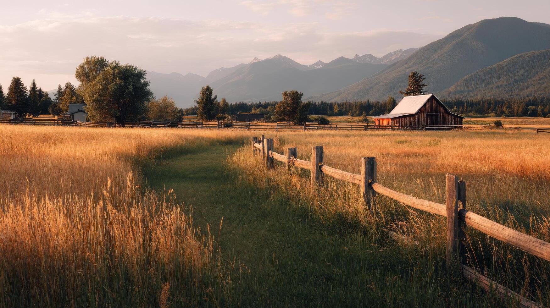 Sunset Light Casting Warm Tones Over a Rustic Barn in a Serene Mountain Valley photo