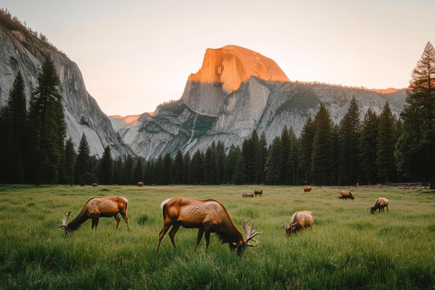 Elk Grazing in a Lush Meadow Against a Backdrop of Towering Mountains at Sunset. photo