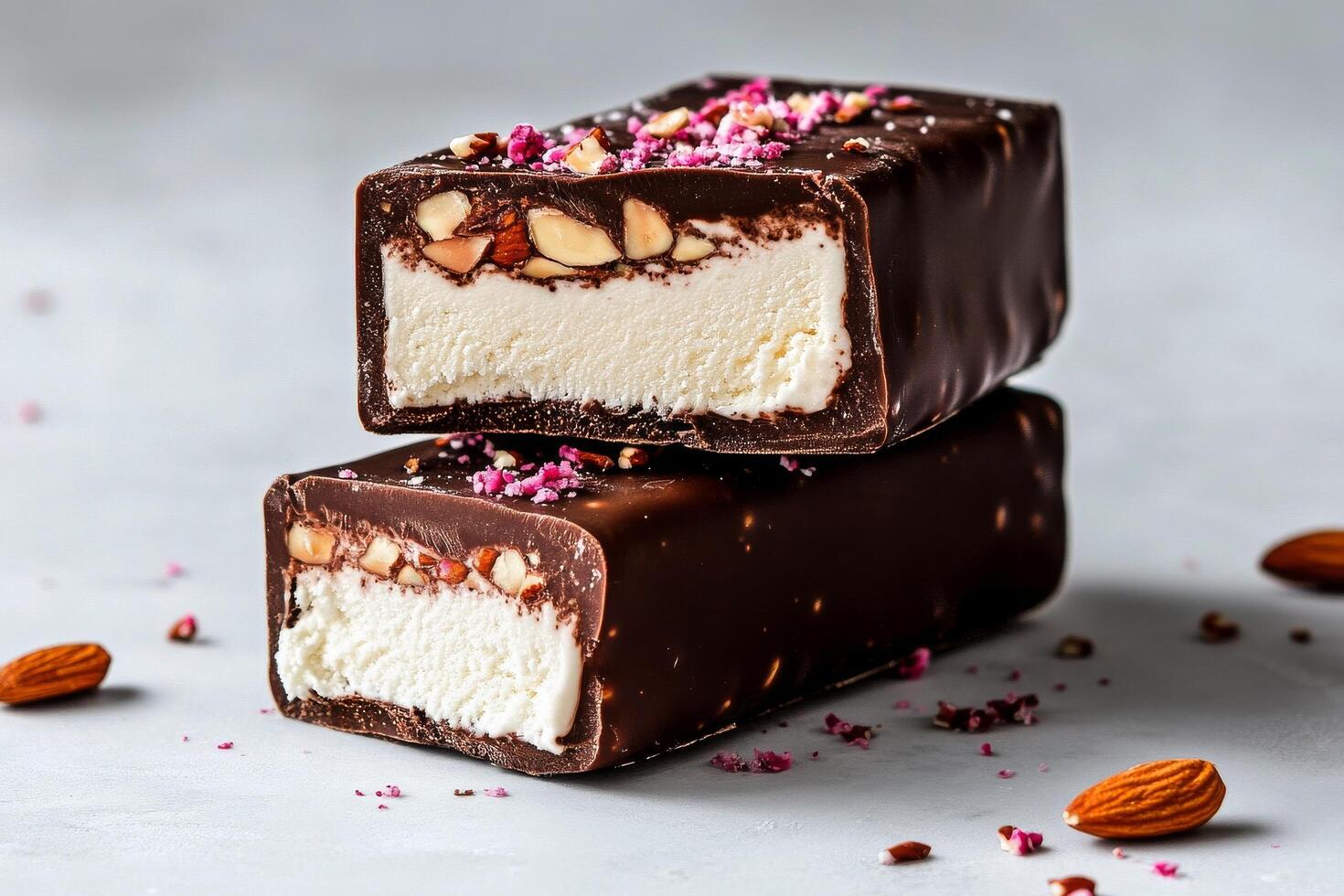Delicious Chocolate-Covered Ice Cream Bars With Nuts and Creamy Filling on Table. photo