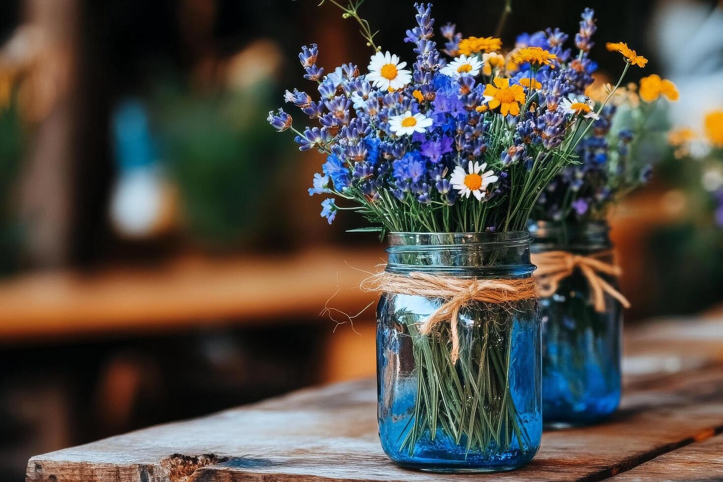 Brightly Colored Wildflowers in Jars on a Wooden Table During a Sunny Afternoon Outdoors. photo