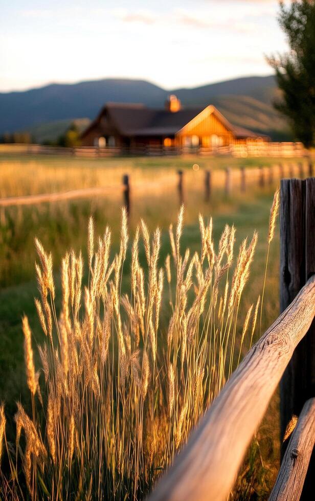 Warm Sunlight Bathes a Rustic Cabin in the Mountains During Golden Hour photo