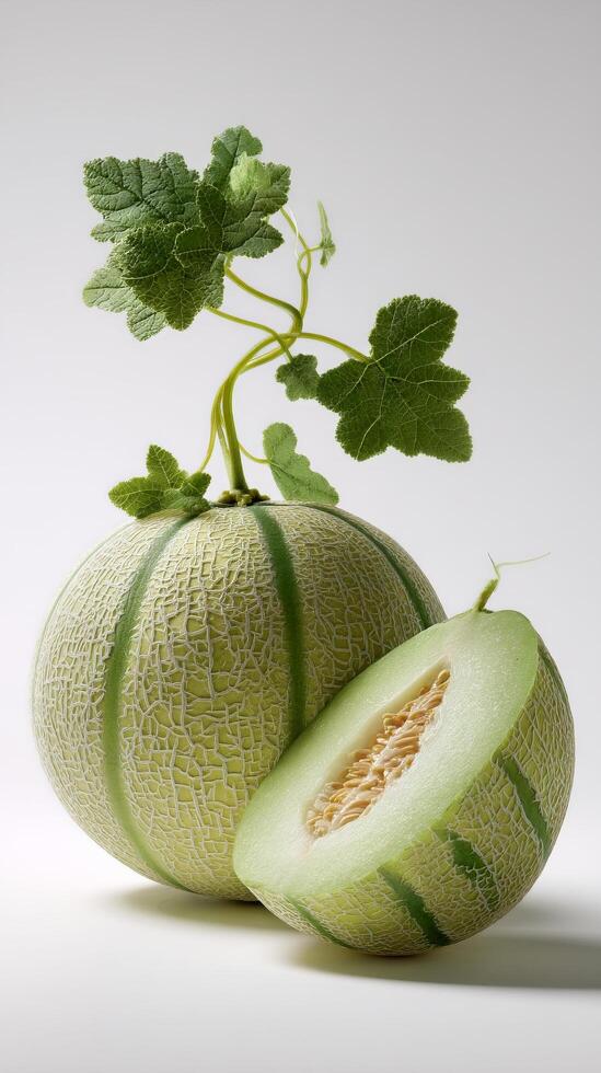 Fresh Green Melon Cut in Half With a Textured Outer Skin and Vibrant Leaves on a Light Background. photo