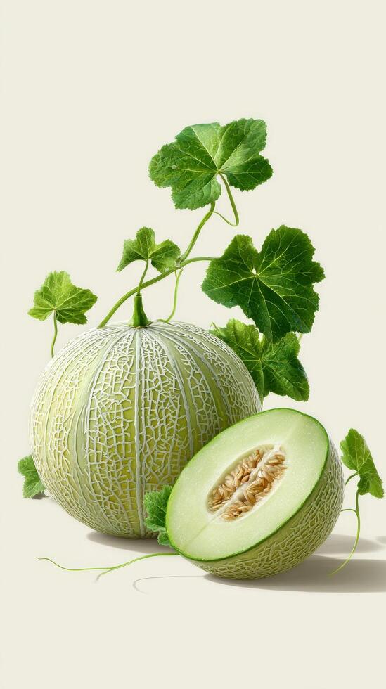 Fresh Green Melon Cut in Half With a Textured Outer Skin and Vibrant Leaves on a Light Background photo