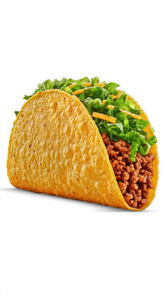 Delicious Taco Filled With Seasoned Beef, Lettuce, and Cheese on a White Background. photo
