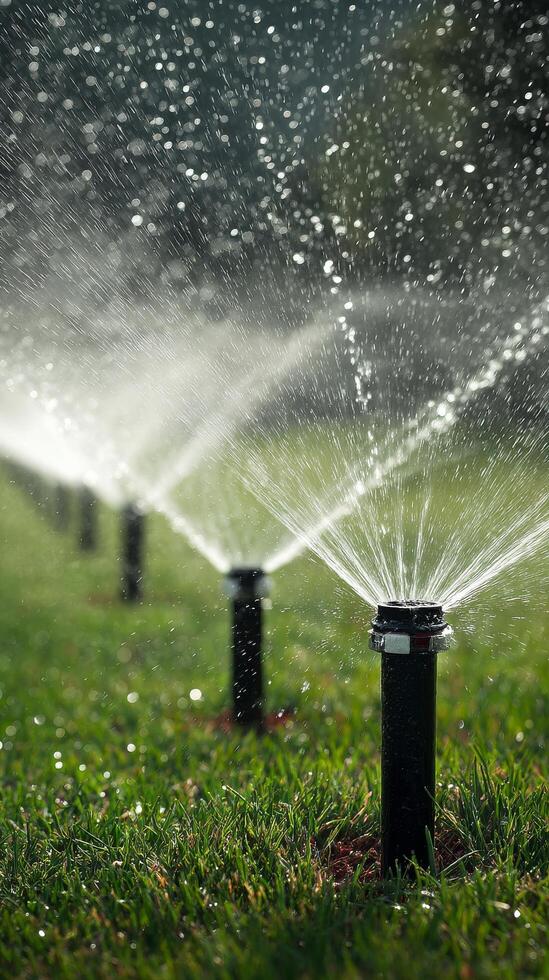 Sprinklers Watering a Lush Green Lawn on a Sunny Day in a Residential Neighborhood During the Afternoon photo