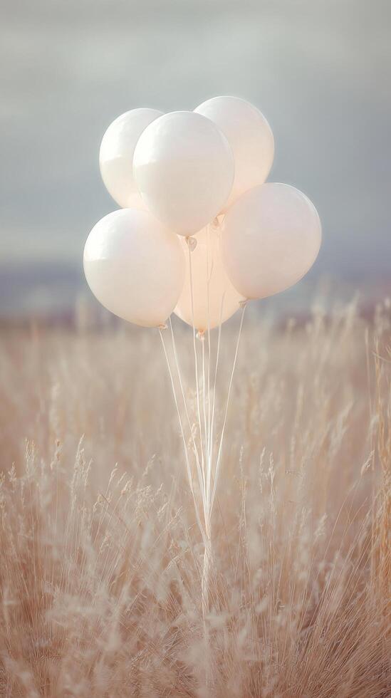 Bunch of White Balloons Floating Above Tall Grass in a Serene Landscape During Cloudy Weather photo