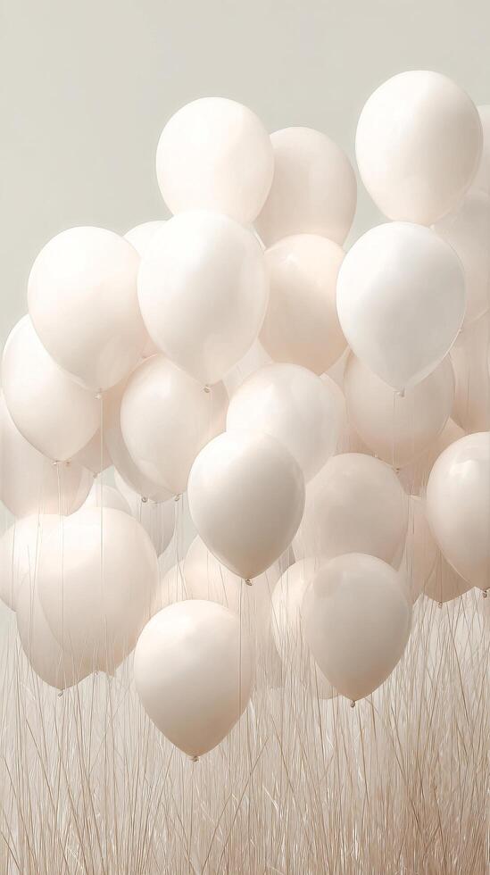 Bunch of White Balloons Floating Above Tall Grass in a Serene Landscape During Cloudy Weather. photo