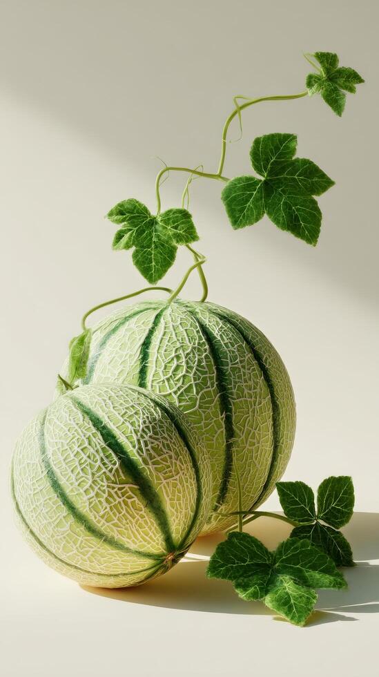 Fresh Melons and Green Leaves Elegantly Arranged on a Neutral Background photo