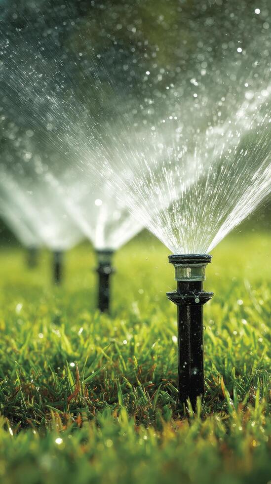 Sprinklers Watering a Lush Green Lawn on a Sunny Day in a Residential Neighborhood During the Afternoon. photo