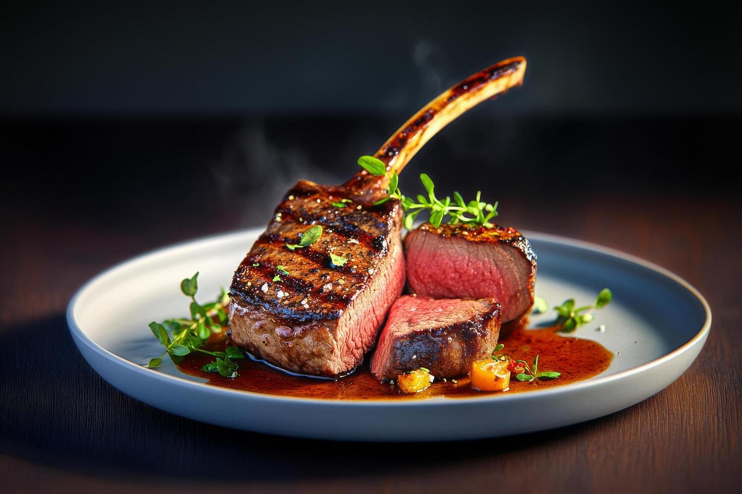 Perfectly Cooked Grilled Lamb Chops Served With Garnishes on a Sleek Plate photo