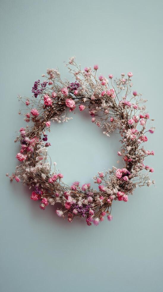 Floral Wreath Made of Dried Flowers in Soft Pink Tones Displayed Against a Light Blue Background photo