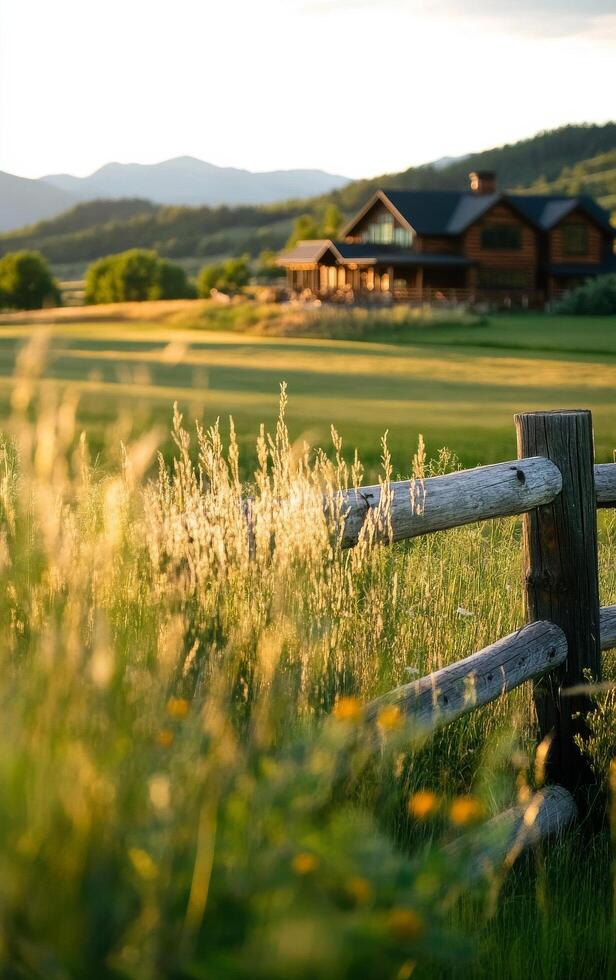 Golden Grasses Sway in the Evening Light at a Tranquil Countryside Home With Mountains in the Background. photo