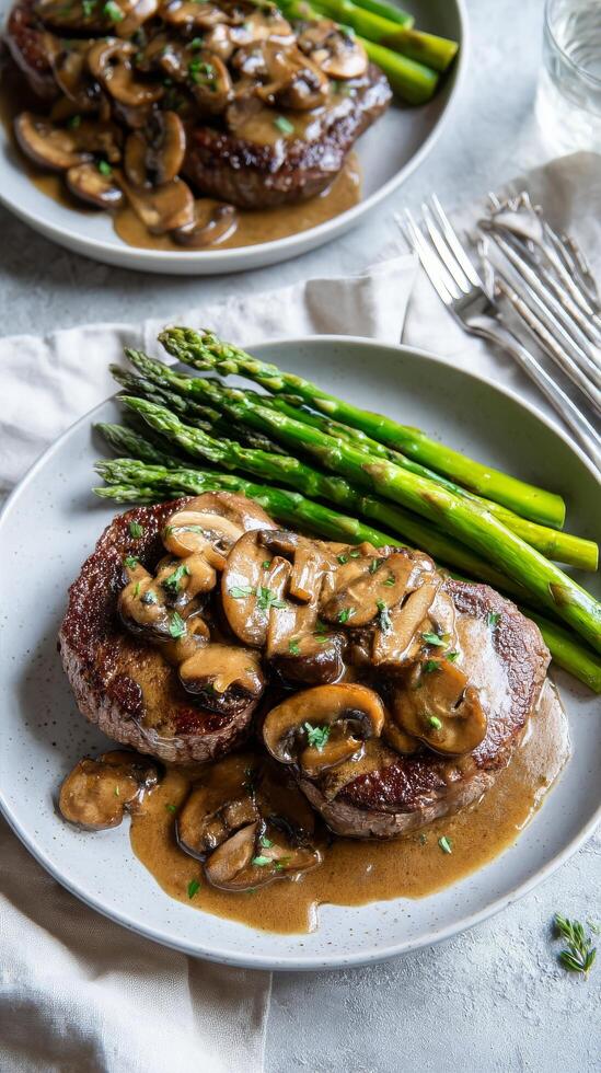 Delicious Steak With Mushroom Sauce Served With Asparagus on a Light Grey Table photo