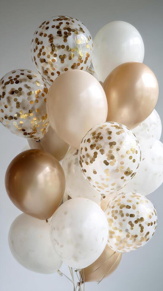 Balloons Decorated With Gold Confetti in White and Beige Tones for a Festive Celebration photo