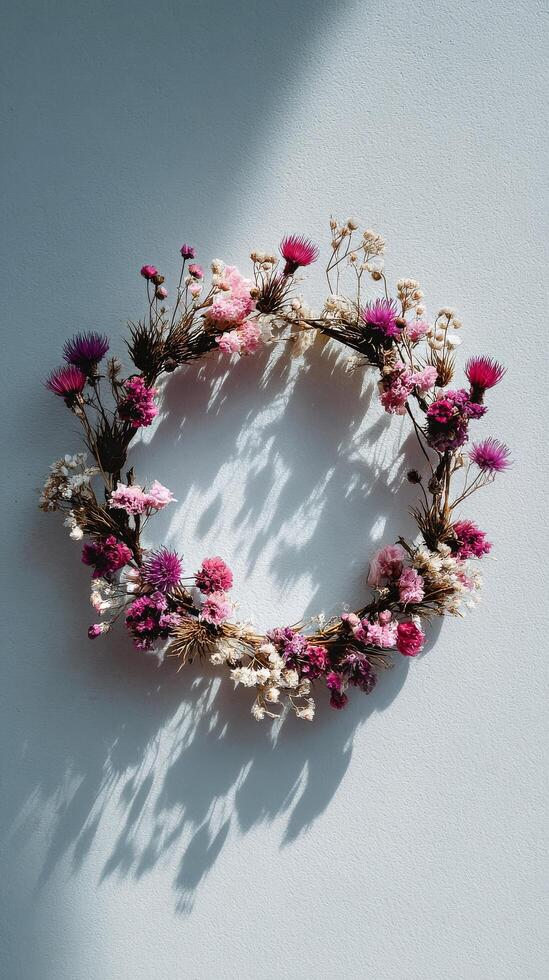Floral Wreath Made of Dried Flowers in Soft Pink Tones Displayed Against a Light Blue Background. photo