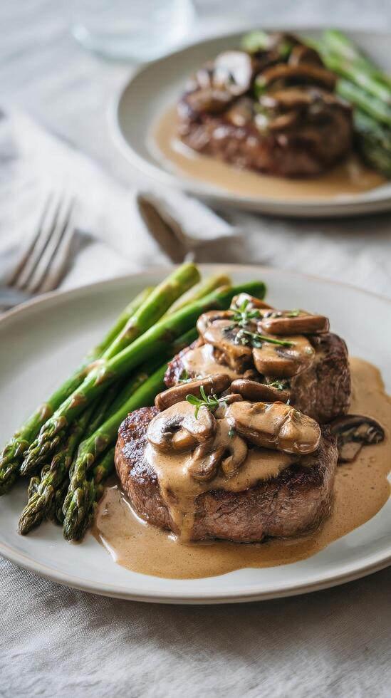 Delicious Steak With Mushroom Sauce Served With Asparagus on a Light Grey Table. photo