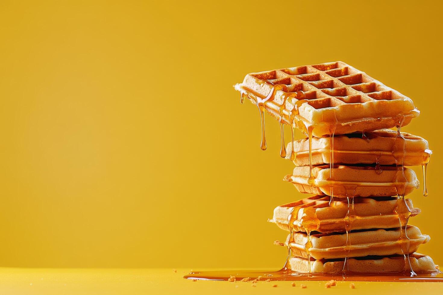 Warm Waffles Stacked High With Dripping Syrup Against a Vibrant Yellow Background photo