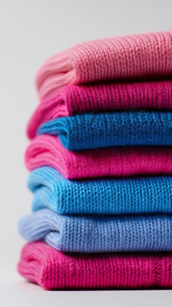 Colorful Knitted Sweaters Stacked Neatly for a Cozy Display on a Light Background. photo