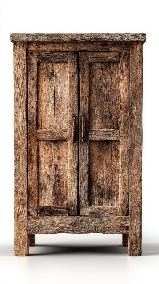 Rustic Wooden Cabinet With Double Doors Showcasing Natural Grain and Texture in Warm Tones. photo