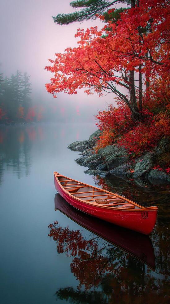 Canoe Anchored in Tranquil Water Amidst Vibrant Autumn Foliage photo