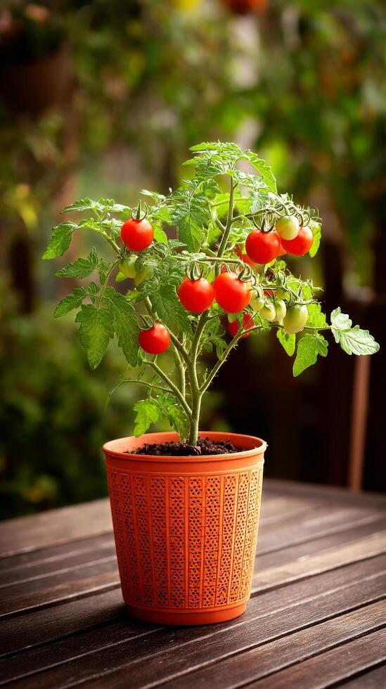Vibrant Cherry Tomato Plant in a Terracotta Pot on a Wooden Table in a Garden Setting. photo