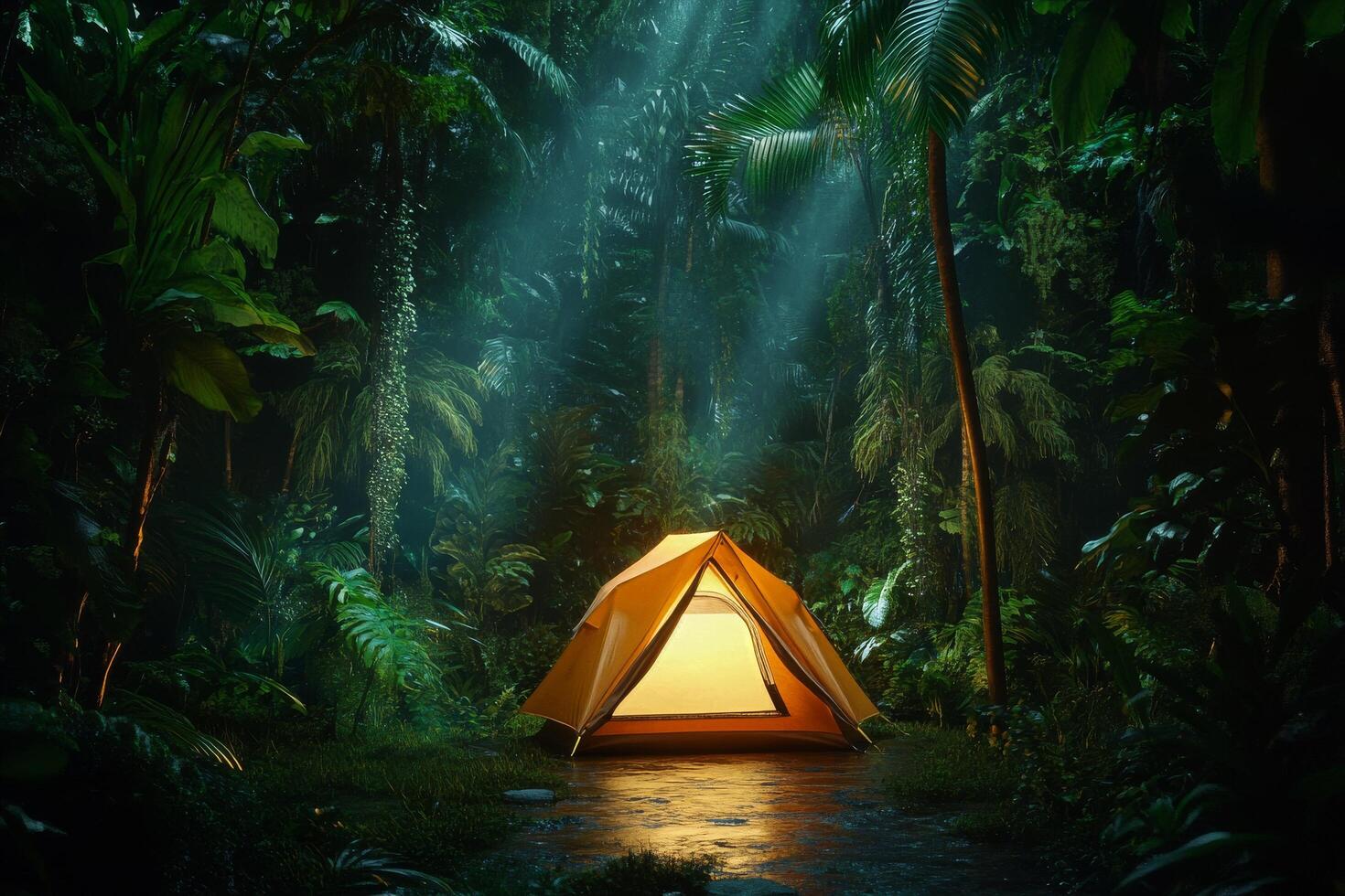 Camping in a Vibrant Jungle at Dusk With a Glowing Tent Surrounded by Lush Greenery photo