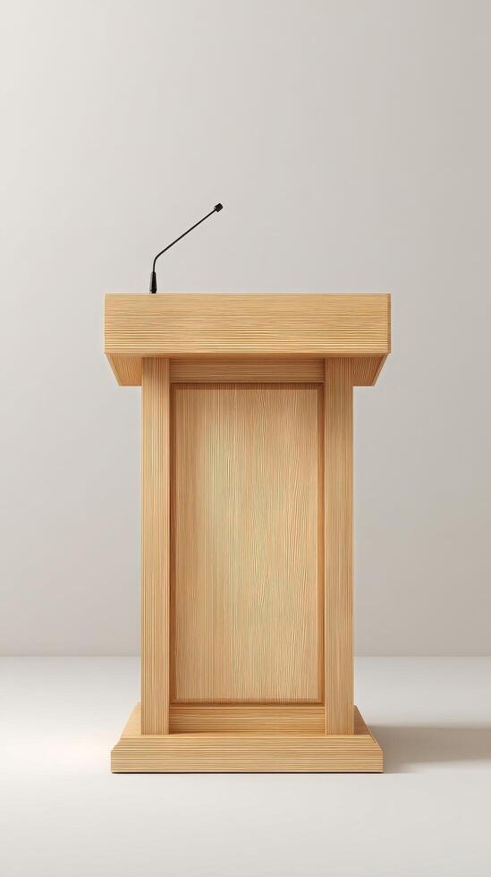 Wooden Podium Ready for Presentation in a Minimalistic Setting at a Conference Venue photo