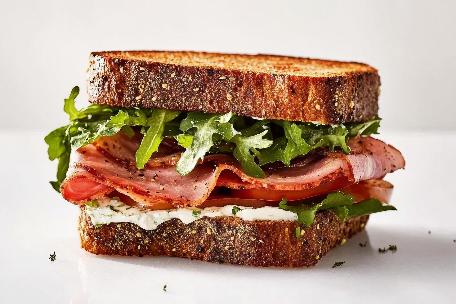 Delicious Sandwich With Ham, Tomato, and Arugula on Whole Grain Bread. photo