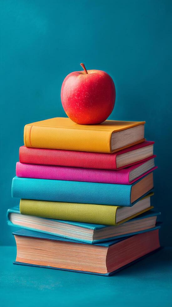 Bright Red Apple Resting on Colorful Stacked Books Against a Blue Background photo