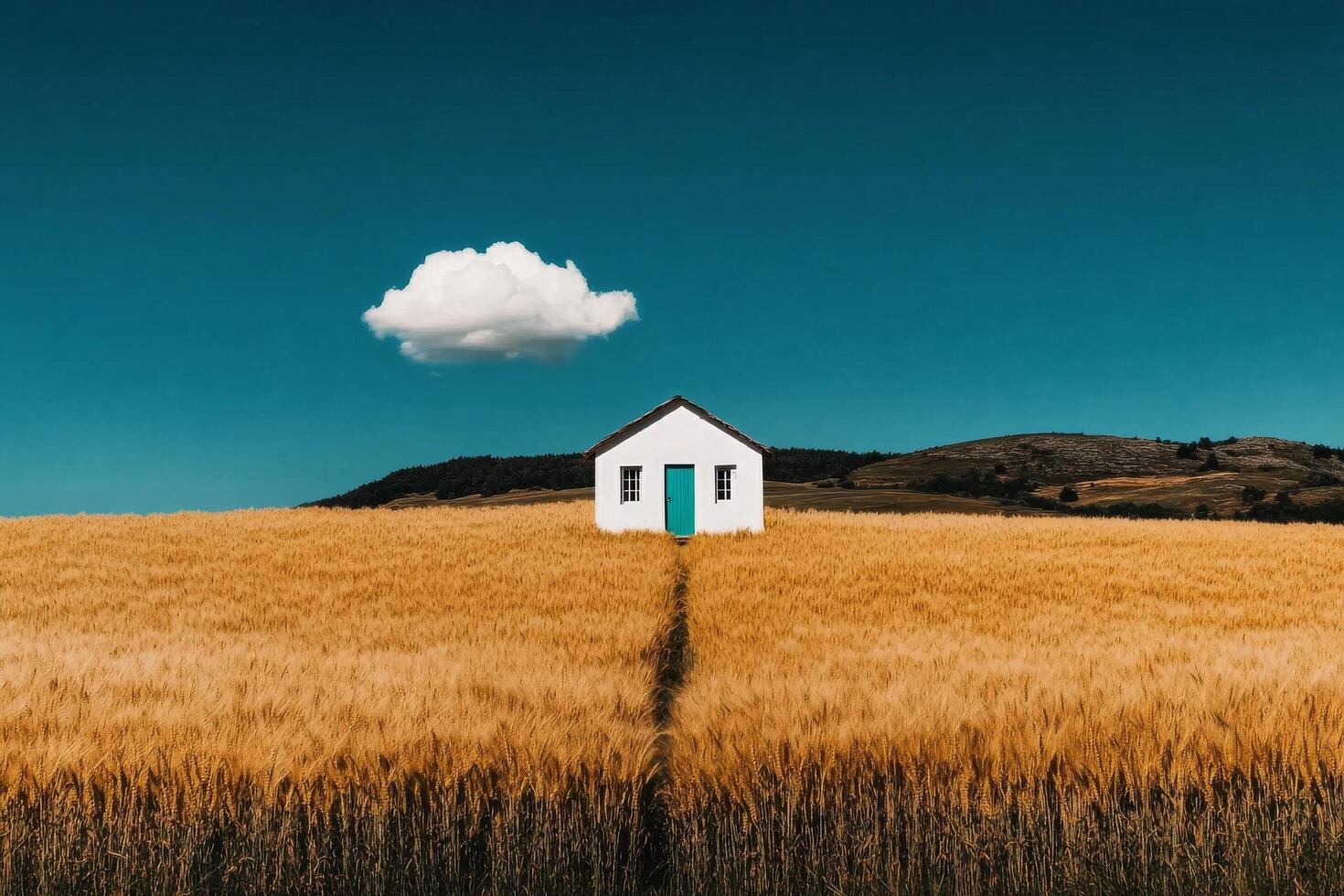 Field With a Small White House and a Single Cloud on a Sunny Day With Blue Sky photo