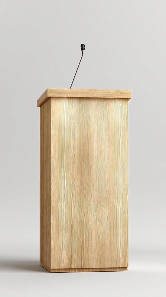 Wooden Podium With Microphone Set up for a Speaking Event in a Neutral Background photo