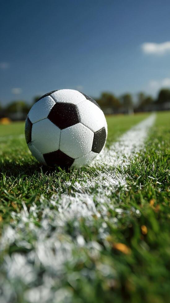 Soccer Ball Rests on Grass Near the Sideline Under a Clear Blue Sky photo