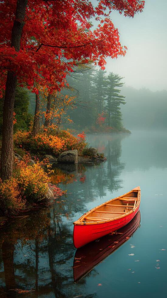 Canoe Resting on Calm Lake Surrounded by Vibrant Autumn Foliage in Early Morning Mist. photo