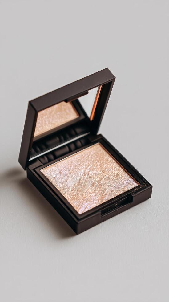 Shimmering Highlighter Compact Displayed Elegantly on a Minimalist Surface photo