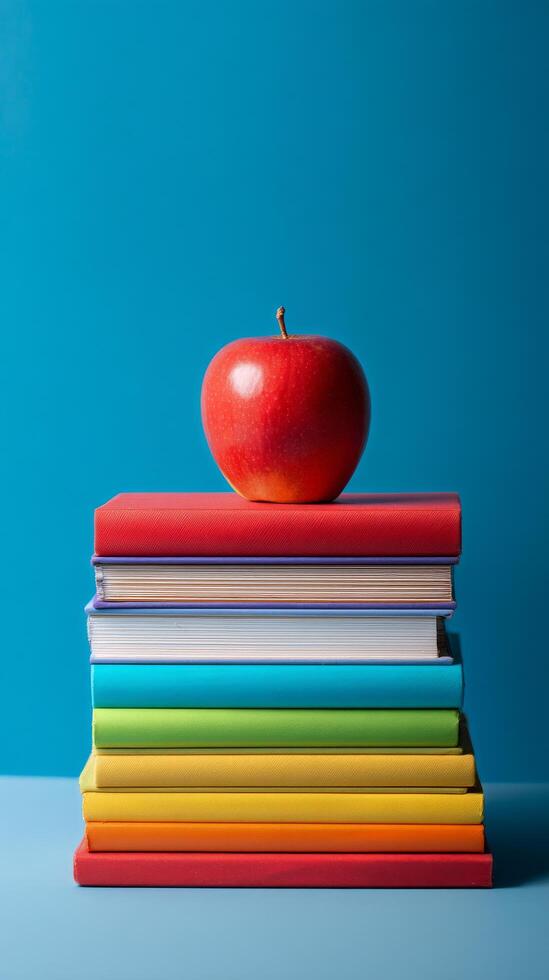 Bright Red Apple Resting on Colorful Stacked Books Against a Blue Background. photo