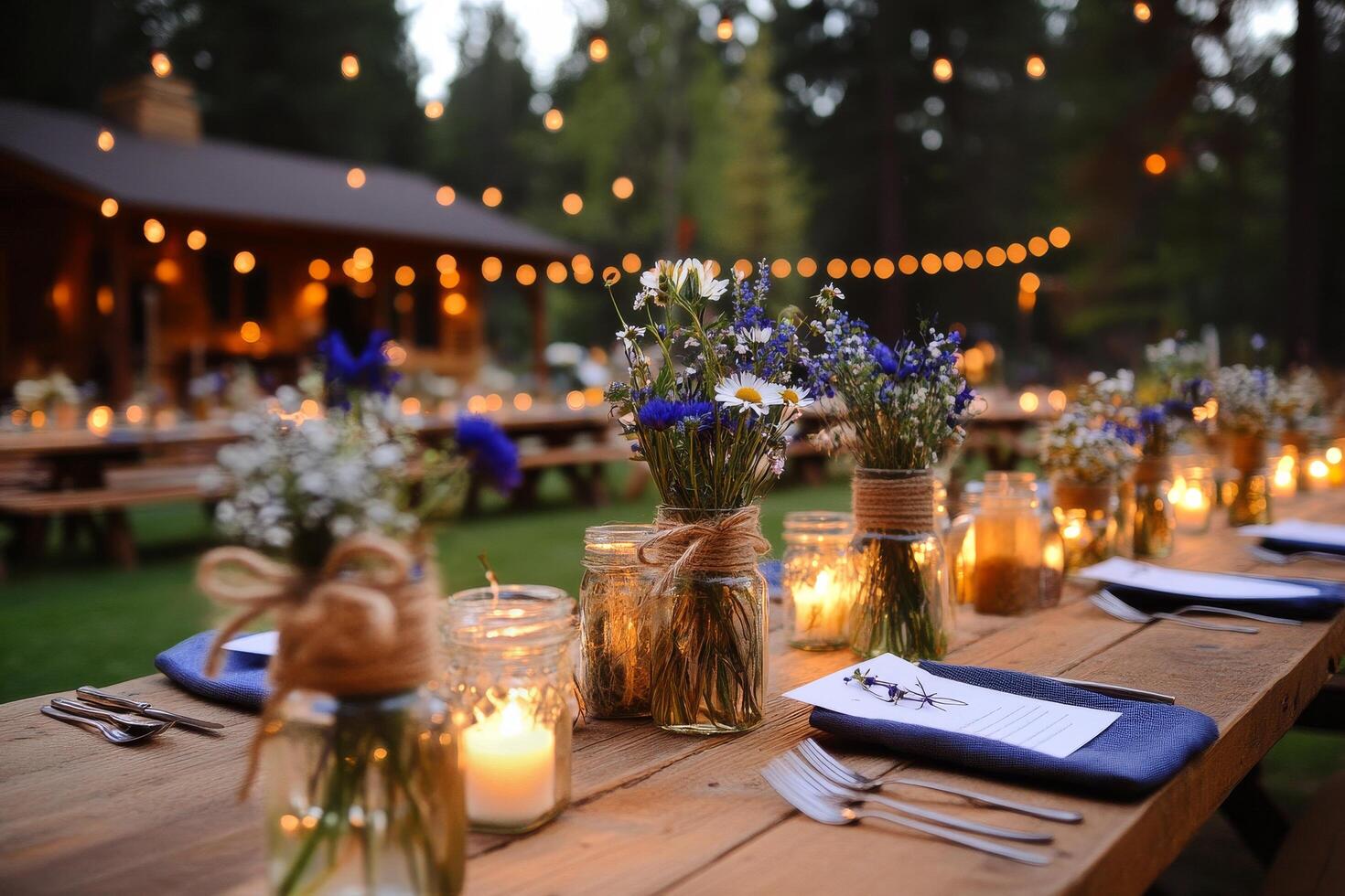 Rustic Outdoor Dinner Setup With Flower Arrangements and Twinkling Lights in Forest Location photo