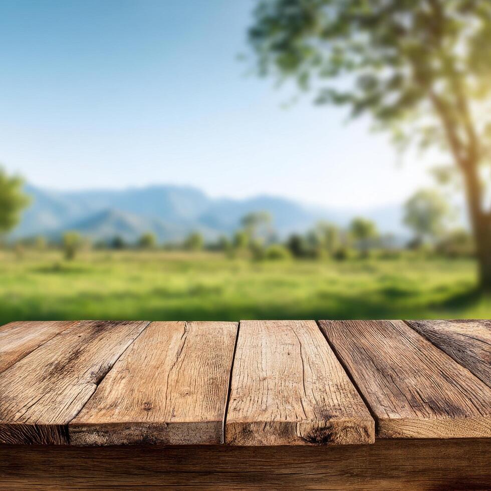 Wooden Table Surface With Blurred Landscape Background During Daytime Hours in a Natural Setting photo