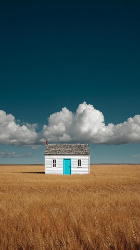 Charming White House With Turquoise Door in Vast Golden Field Under Bright Blue Sky. photo
