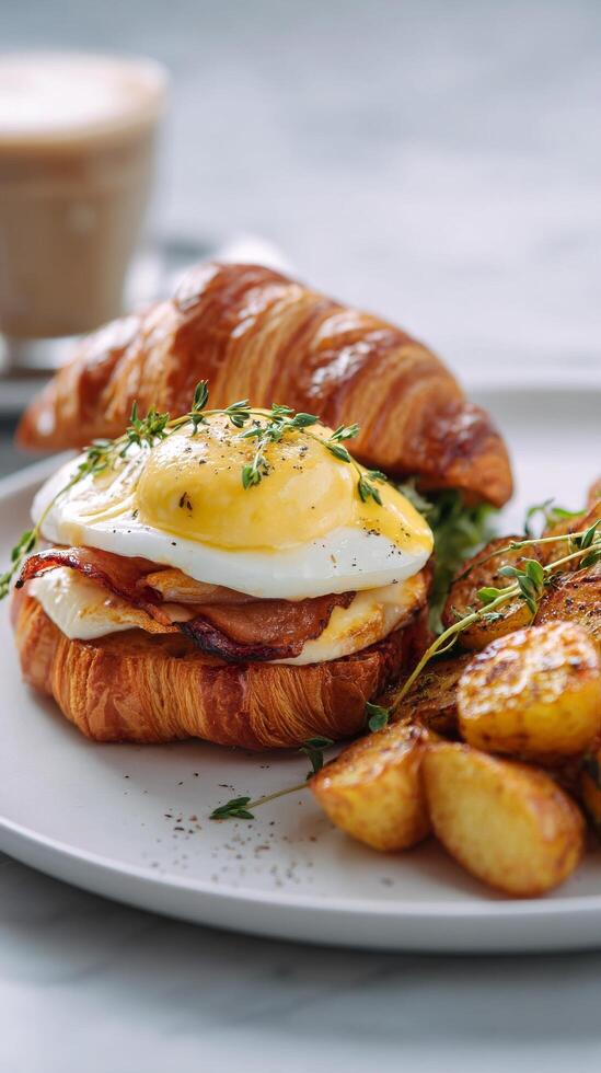 Croissant Sandwich With Eggs, Hollandaise Sauce, and a Side of Roasted Potatoes and Fruit. photo